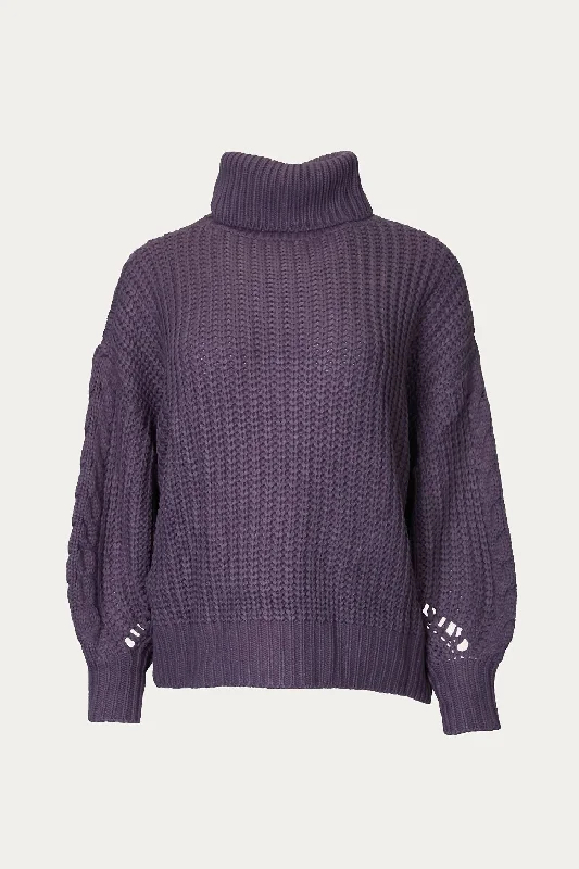 Cable-Knit Turtleneck Sweater In Dark Purple Grey