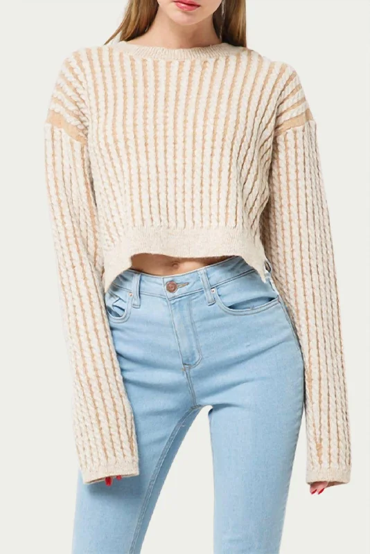 Cropped Cable-Knit Striped Sweater In Light Brown