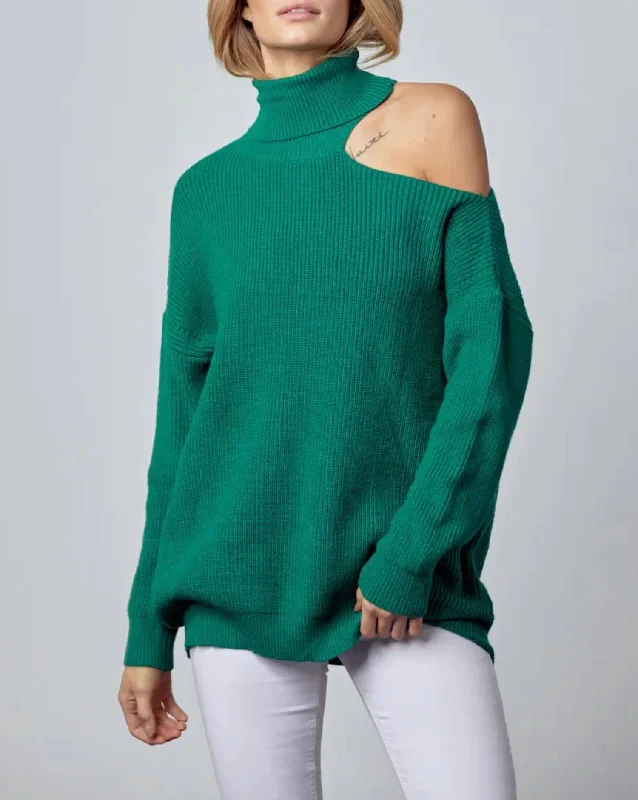 Shoulder-Baring Turtleneck Sweater In Forest Green