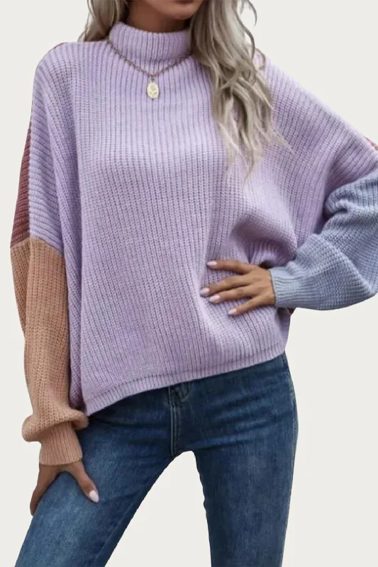 Slouchy Colorblock Ribbed-Knit Sweater In Lavender