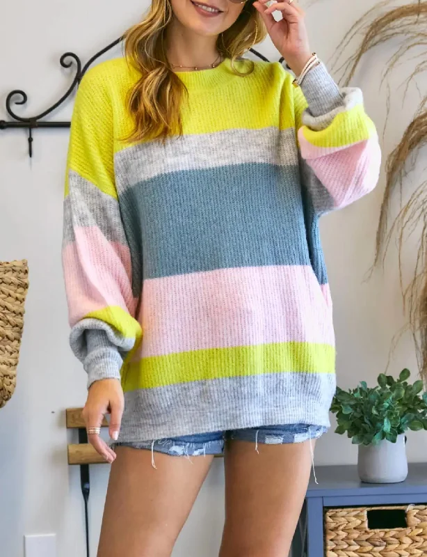 Striped Crewneck Sweater In Yellow/grey/pink