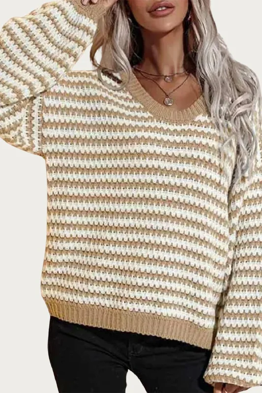 Striped V-Neck Knit Sweater In Khaki/white