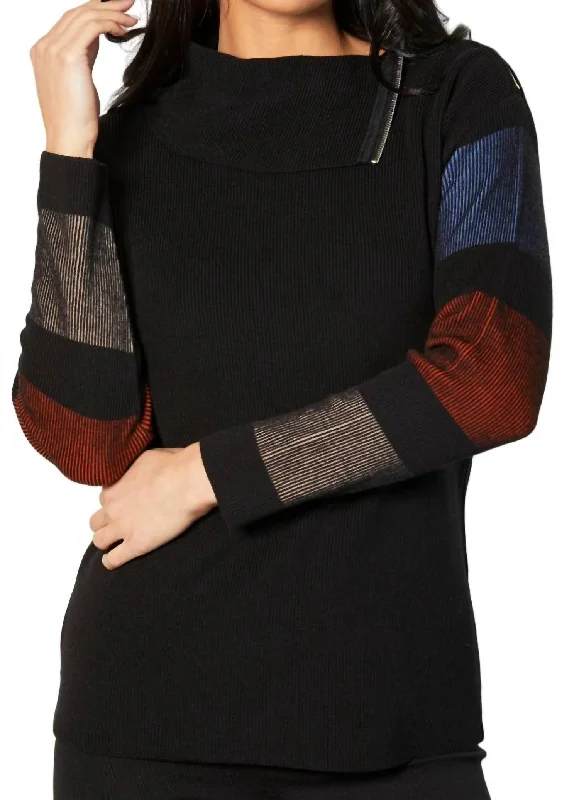 Zip Neck Ribbed Sweater In Black/multi