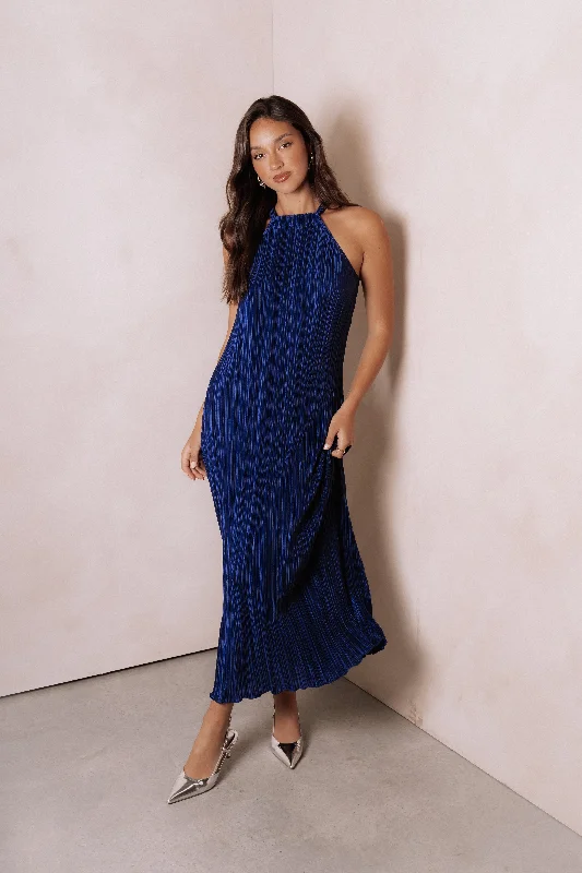 Melody Plisse Halter Maxi Dress - Navy