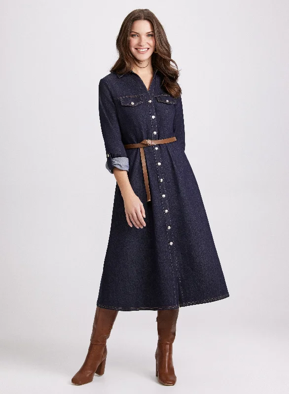 Belted Denim Button-Down Midi Dress