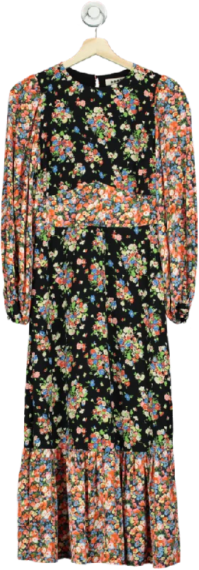 Boden Black Multi Floral Print Midi Dress UK 6