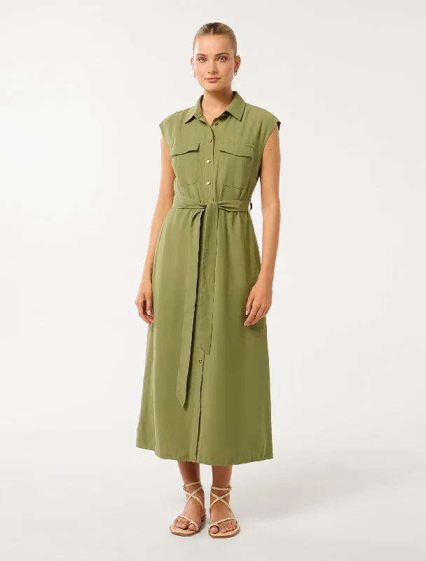 Mikayla Tie Belt Button Up Midi Dress