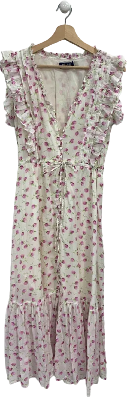 Polo Ralph Lauren White/Pink Floral Ruffled Midi Dress UK 6/8