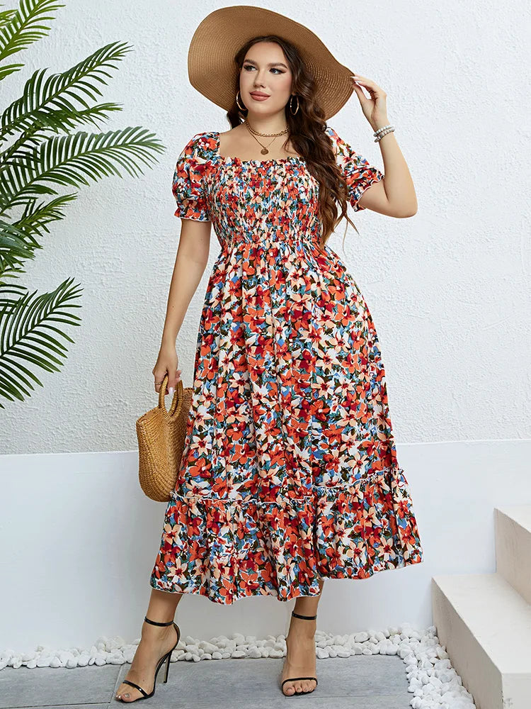 Women's 4XL Fashion Designer Floral A-Line Midi Dresses (Plus Size)