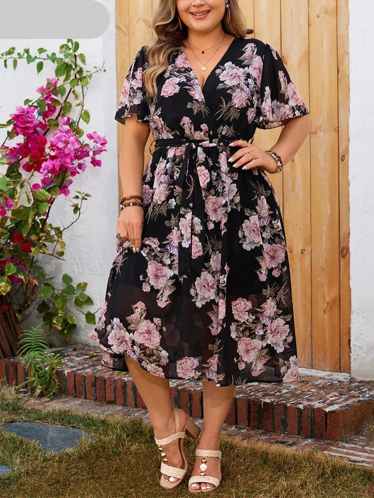 Women's 4XL Floral Belted Fashion Designer Midi Dresses (Plus Size)