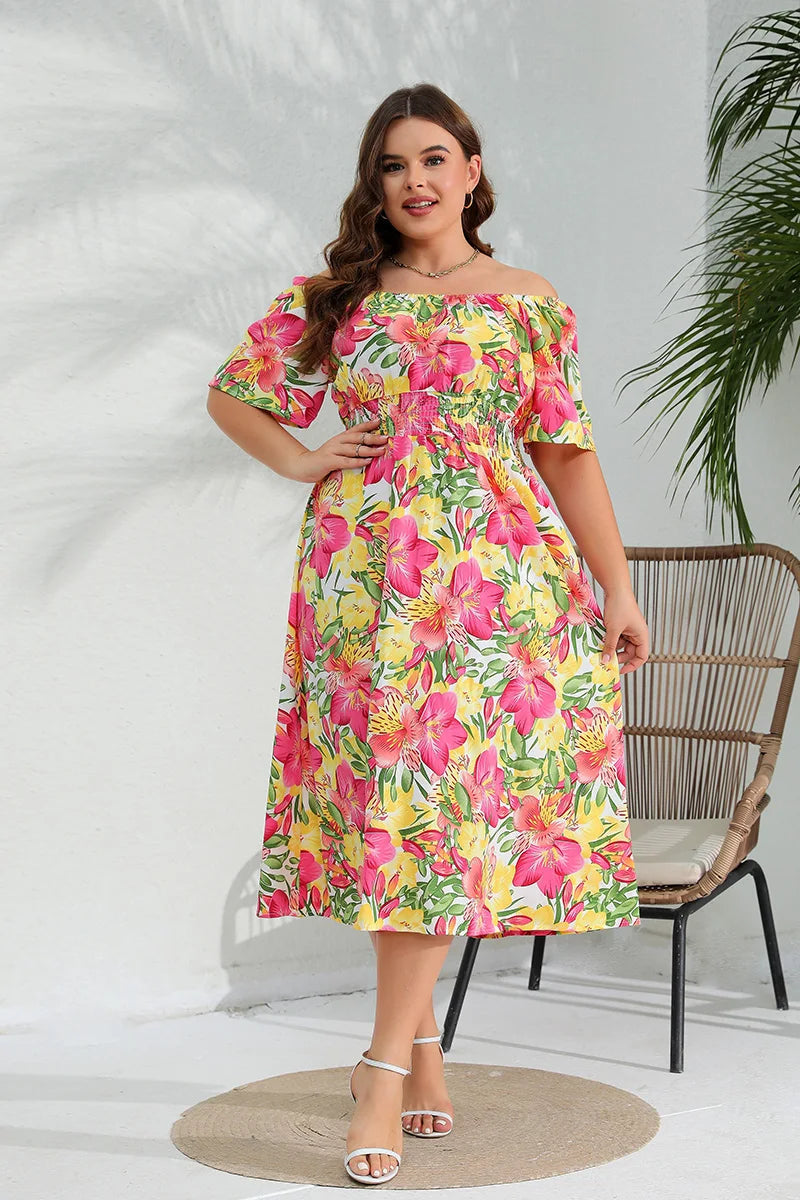 Women's Fashion Designer 4XL Floral Elastic Waist Midi Dresses (Plus Size)